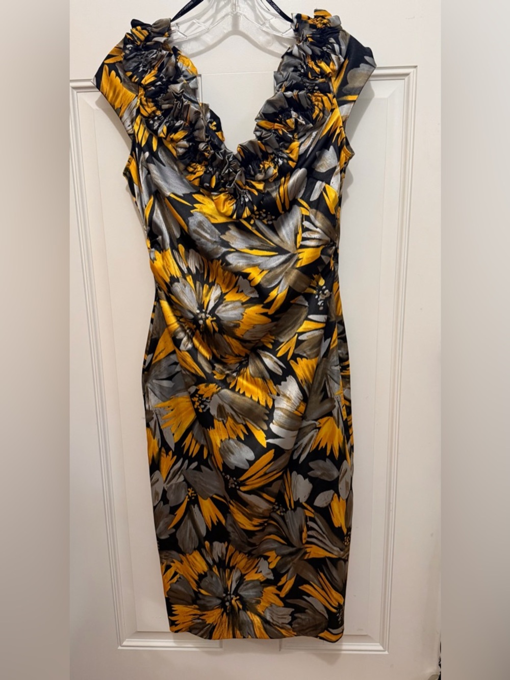 Maggy London Yellow, Silver and Black Floral Midi Dress